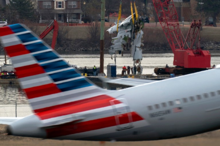 An airplane takes off at Ronald Reagan Washington National Airport.