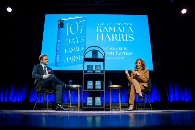 Former Vice President Kamala Harris speaks onstage for her book tour.