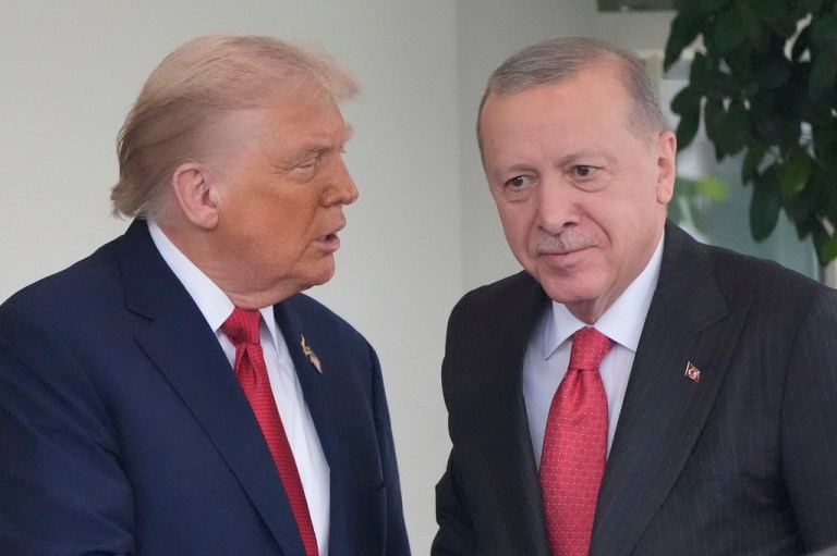 President Donald Trump greets Turkish President Recep Tayyip Erdogan at the White House, Thursday, Sept. 25, 2025, in Washington.