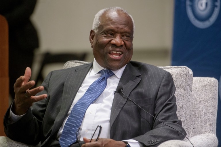 U.S. Supreme Court Associate Justice Clarence Thomas speaks at The Catholic University of America's Columbus School of Law, Thursday, Sept. 25, 2025, in Washington. (AP Photo/Rod Lamkey, Jr.)