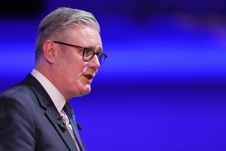 U.K. Prime Minister Keir Starmer speaks at a global event in London.