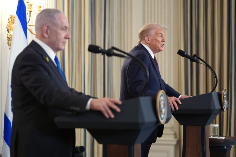 President Donald Trump speaks during a news conference with Israeli Prime Minister Benjamin Netanyahu.