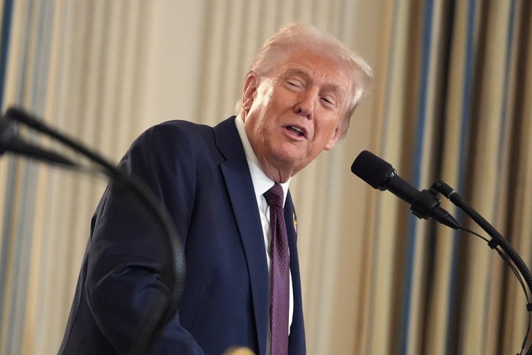 President Donald Trump speaks during a news conference