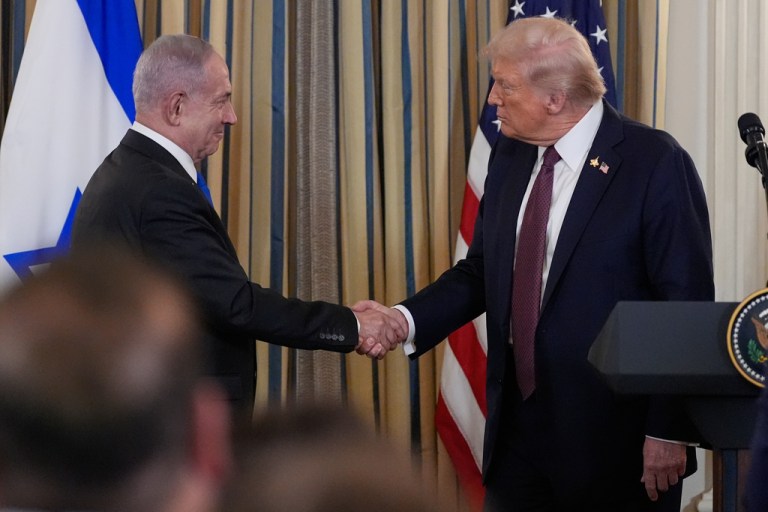 Israel's Prime Minister Benjamin Netanyahu shakes hands with President Donald Trump after a news conference in the State Dining Room of the White House, Monday, Sept. 29, 2025, in Washington.