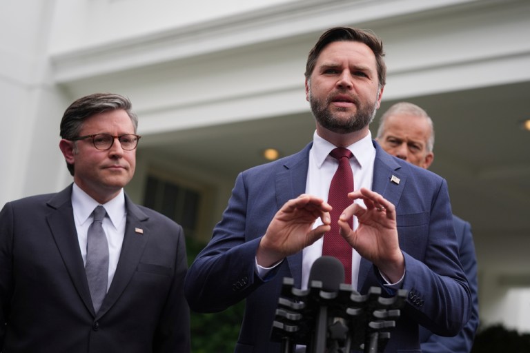 Vice President JD Vance and House Speaker Mike Johnson speak to members of the media outside the West Wing.