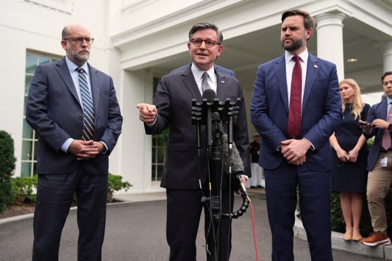 House Speaker Mike Johnson, R-La., speaks alongside Russell Vought, Office of Management and Budget director, left, and Vice President JD Vance as they address members of the media outside the West Wing at the White House in Washington, Monday, Sept. 29, 2025, in Washington. (AP Photo/Evan Vucci)