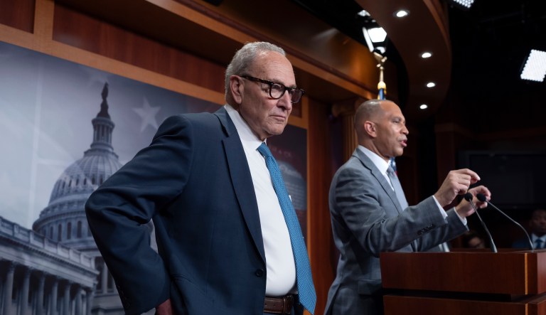 Senate Minority Leader Chuck Schumer, D-N.Y., and House Minority Leader Hakeem Jeffries, D-N.Y., right, talk with reporters following their meeting with President Donald Trump and Republican leaders on the government funding crisis, at the Capitol in Washington, Monday, Sept. 29, 2025.