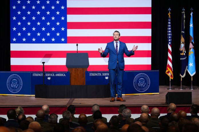 Secretary of Defense Pete Hegseth speaks to senior military leaders at Marine Corps Base Quantico, Tuesday, Sept. 30, 2025 in Quantico, Va.