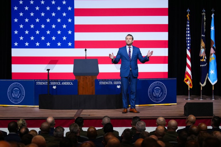 Secretary of Defense Pete Hegseth speaks to senior military leaders at Marine Corps Base Quantico, Tuesday, Sept. 30, 2025 in Quantico, Va.