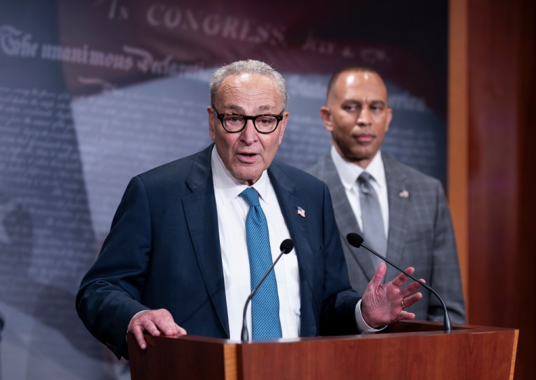 Senate Minority Leader Chuck Schumer, D-N.Y., and House Minority Leader Hakeem Jeffries, D-N.Y., right, update reporters following their face-to-face meeting with President Donald Trump and Republican leaders on the looming government funding crisis, at the Capitol in Washington, Monday, Sept. 29, 2025. (AP Photo/J. Scott Applewhite)