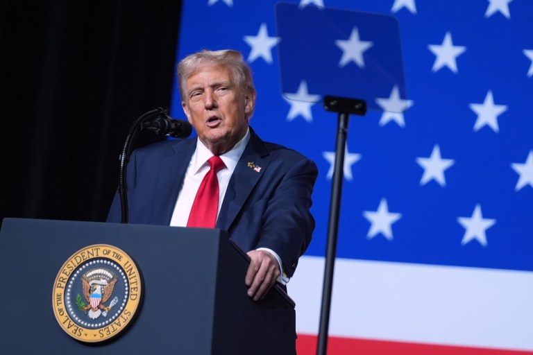 President Donald Trump speaks to a gathering of top U.S. military commanders at Marine Corps Base Quantico, Tuesday, Sept. 30, 2025, in Quantico, Va