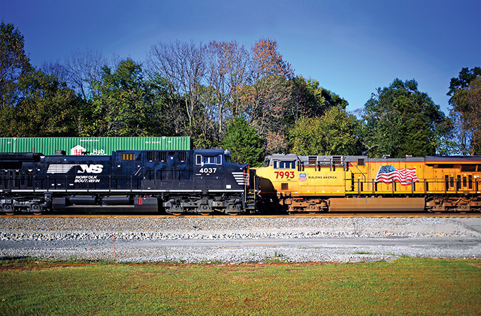 Norfolk Southern Corp., left, and Union Pacific Railroad Co. freight locomotives in Burnside, Kentucky. (Luke Sharrett/Bloomberg/Getty Images)