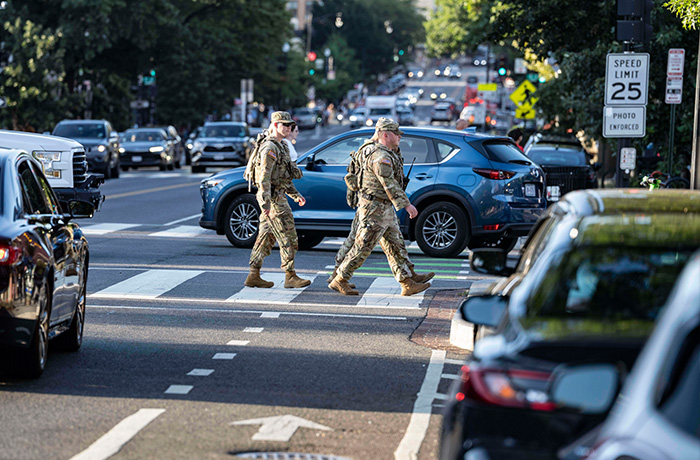 National Guardsmen patrol U Street in Washington, DC on Aug. 23. (Andrew Thomas/NurPhoto via AP)