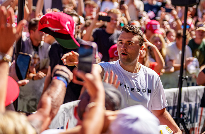 Charlie Kirk appears at Utah Valley University in Orem, Utah on Sept. 10. Kirk, founder of Turning Point USA, was speaking at his 