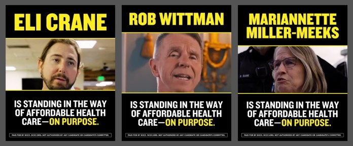 A sample of three ads targeting Republicans over an impending government shutdown on Oct. 1, 2025, and expiring Obamacare tax credits at the end of the year.