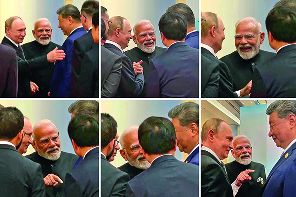 In this combination photograph, Russian President Vladimir Putin, left, Indian Prime Minister Narendra Modi, centre, and Chinese President Xi Jinping talk ahead of the Shanghai Cooperation Organization (SCO) summit at the Meijiang Convention and Exhibition Center in Tianjin, China, Monday, Sept. 1, 2025. (Indian Prime Minister's Office/Video Pool via AP)