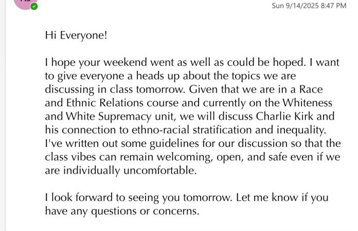 Sociology Professor at Loyola Marymount University alerts students about a future discussion on Charlie Kirk during her course on White Supremacy