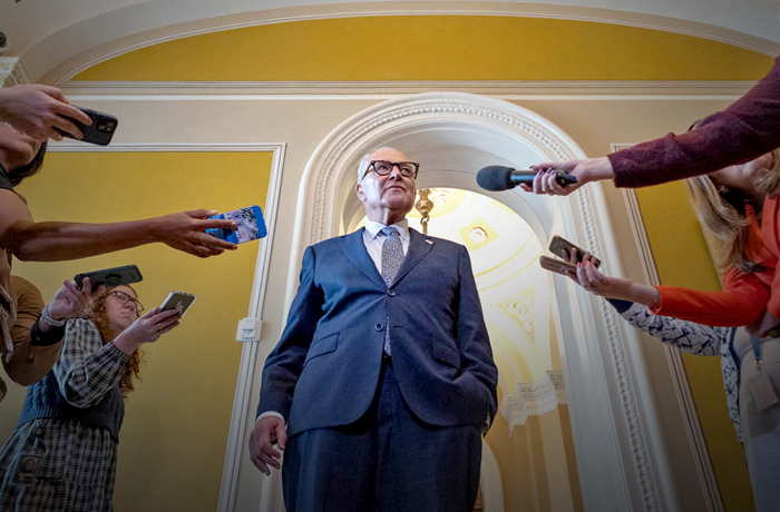 Senate Minority Leader Chuck Schumer (D-NY) speaks to reporters.