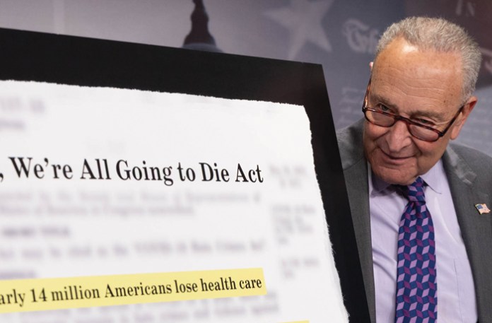 Senate Minority Leader Chuck Schumer (D-NY) on June 4 called President Donald Trump’s sweeping tax and immigration bill the Well, We’re All Going to Die Act. A reference ot an earlier statement made by Sen. Joni Ernst (R-IA).  (Graeme Jennings)
