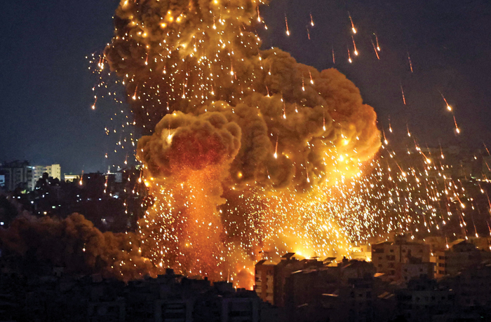 Israeli fire targets Beirut buildings after the launch of a ground offensive against Hezbollah sites in Lebanon, Oct. 6, 2024. (Ugur Yildirim/Getty)