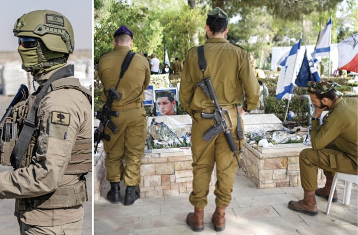 Left: An Israeli soldier stands beside aid packages awaiting pickup at the Kerem Shalom border crossing between Israel and the Gaza Strip, July 24, 2025. Right: mourners at the Jerusalem graves of Israel Defense Forces soldiers killed in the Oct. 7 attacks, April 29, 2025. (Ilia Yefimovich/Picture Alliance/Getty; Alexi Rosenfeld/Getty)