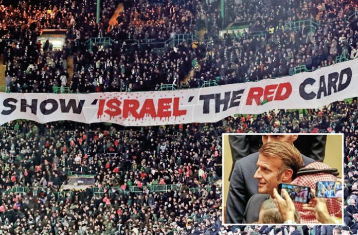 Above, a massive banner on display at a soccer match between Glasgow Celtic and Bayern Munich in Glasgow, Scotland, Feb. 12, 2025; at right, French President Emmanuel Macron, lower right, speaks at the United Nations in New York City with Syrian President Ahmed al Sharaa and Qatari Emir Sheikh Tamim bin Hamad Al Thani prior to his announcement of France’s recognition of Palestine as a state, Sept. 22, 2025. (Top, Scott Heppell/AP; below, Kay Nietfeld/Picture Alliance/Getty)