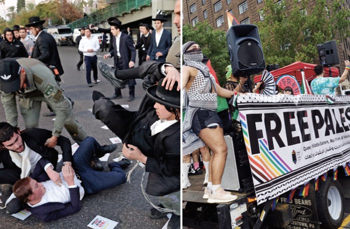 Left, Israeli soldiers disperse ultra-Orthodox Jewish demonstrators blocking a highway in Bnei Brak, Israel, in protest of their conscription for compulsory military service, Jan. 9, 2025; right, a pro-Palestine float in an LGBT Pride March in New York City, June 30, 2024. (Jack Guez/AFP/Getty; Bing Guan/Bloomberg/Getty)