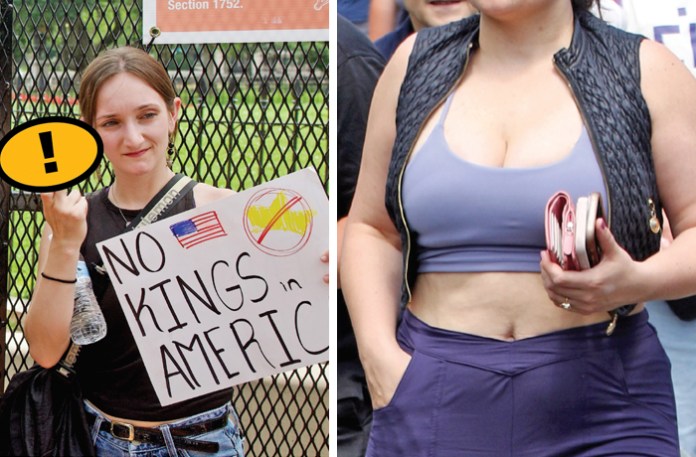 Left: a demonstrator in front of the White House on June 14, 2025. right: a pedestrian at a farmers market in Los Angeles, July 20, 2025 (Amid Farahi/AFP/Getty; Hollywood To You/Star Max/GC Images)