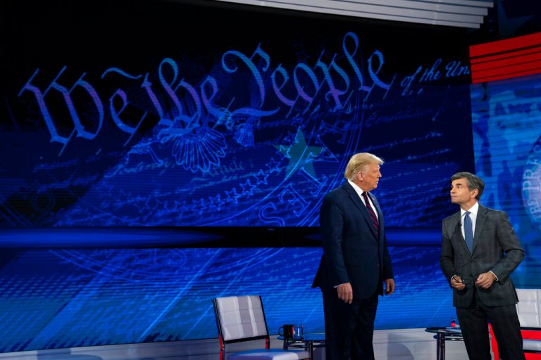 President Donald Trump talks with ABC News anchor George Stephanopoulos.