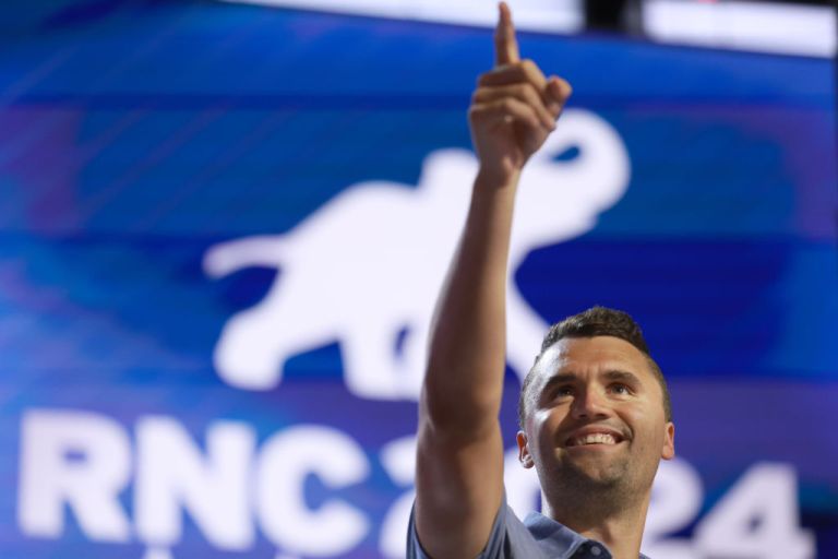 Turning Point USA Founder Charlie Kirk is seen onstage at the Fiserv Forum during preparations for the Republican National Convention (RNC) on July 14, 2024, in Milwaukee, Wisconsin. Delegates, politicians, and the Republican faithful are arriving in Milwaukee for the annual convention, concluding with former President Donald Trump accepting his party's presidential nomination. The RNC takes place from July 15-18. (Photo by Joe Raedle/Getty Images)