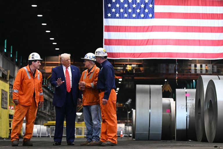 President Donald Trump (2L) tours US Steel - Irvin Works in West Mifflin, Pennsylvania, May 30, 2025. (Photo by SAUL LOEB / AFP) (Photo by SAUL LOEB/AFP via Getty Images)