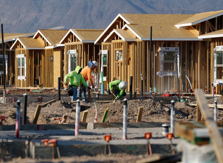 Construction workers build homes at a new housing development on August 08, 2025 in Henderson, Nevada. Las Vegas has seen a drastic 7 percent decrease in tourism since the start of the year, largely due to rising travel costs and a Canadian boycott of travel to the United States, stemming from political tensions. Unemployment in the city surged to 5.8 percent in June, the third-highest among major U.S. metropolitan areas with populations exceeding one million. Las Vegas real estate is also taking a huge hit with an over 10 percent decline in year-over-year sales, and Inventory has skyrocketed by 44.8 percent. (Photo by Justin Sullivan/Getty Images)
