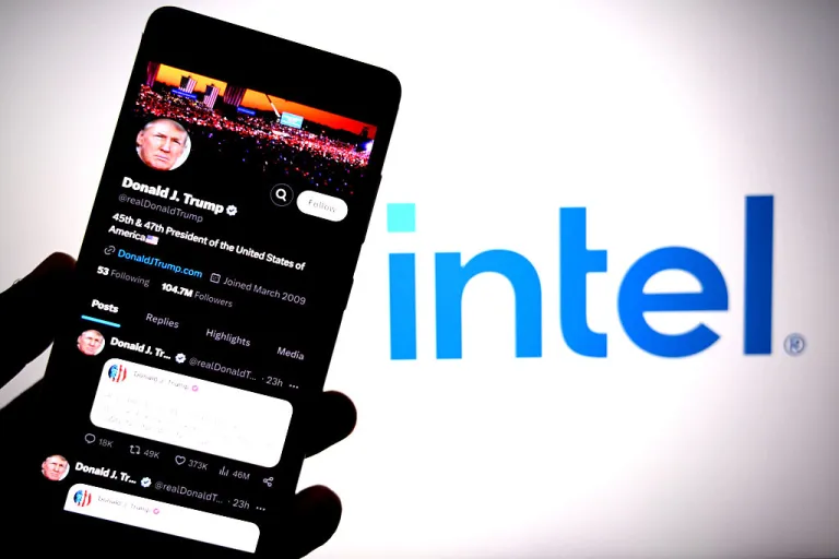 Donald Trump X Page is seen displayed on a smartphone with an Intel logo in the background.