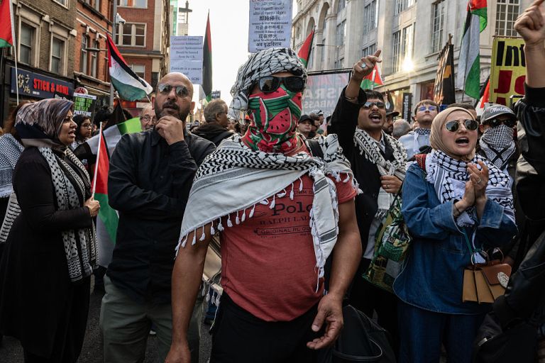 People protest against Israel at the Israeli Embassy.