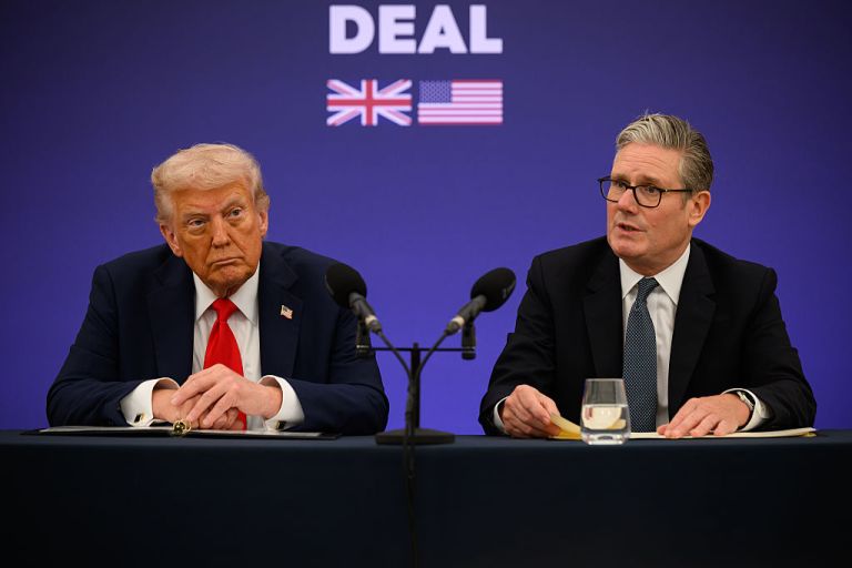 President Donald Trump and UK Prime Minister Keir Starmer announce an agreement between the two countries as they hold a press conference conference at Chequers at the conclusion of a state visit on September 18, 2025 in Aylesbury, England. This is the final day of President Trump’s second UK state visit, with the previous one taking place in 2019 during his first presidential term. (Photo by Leon Neal/Getty Images)