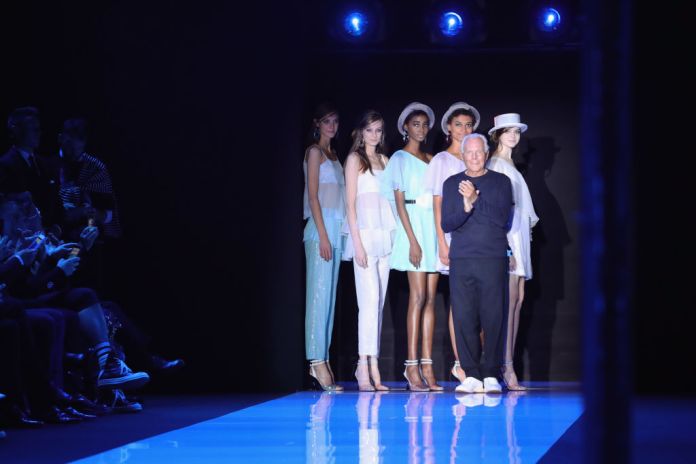 Fashion designer Giorgio Armani and models are seen on the runway during the finale of the Emporio Armani show at London Fashion Week September 2017 on September 17, 2017 in London, England.  (Photo by Vittorio Zunino Celotto/BFC/Getty Images for The British Fashion Council)