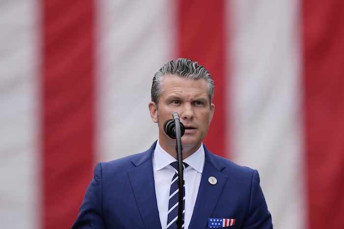 War Secretary Pete Hegseth speaks during a ceremony at the Pentagon.