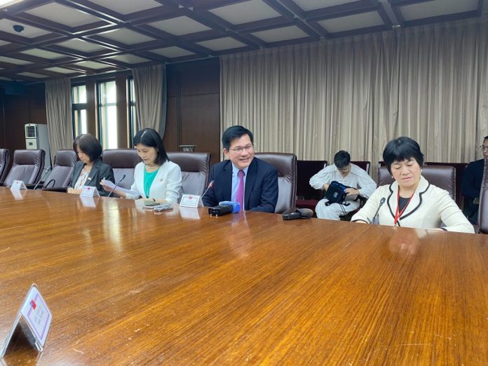 Taiwanese Minster of Foreign Affairs Lin Chia-lung speaks with international journalists during a press event at the ministry's headquarters in Taipei, Taiwan. Lin said that Taiwan feels 'very closely linked' to the future of Ukraine.