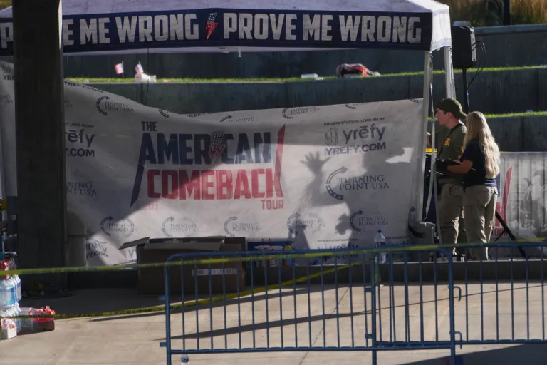 FBI agents investigate the area at Utah Valley University a day after Charlie Kirk was shot and killed, in Orem, Utah, Thursday, Sept. 11, 2025.