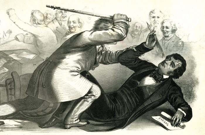 In this lithograph by J.L. Magee, South Carolina Rep. Preston Brooks beats abolitionist Massachusetts Sen. Charles Sumner in the Senate chamber, 1856.