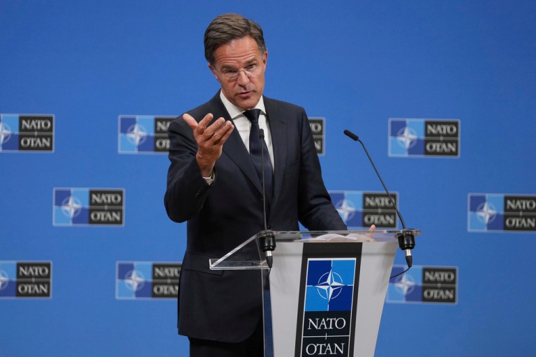 NATO Secretary General Mark Rutte addresses the media at NATO headquarters in Brussels.