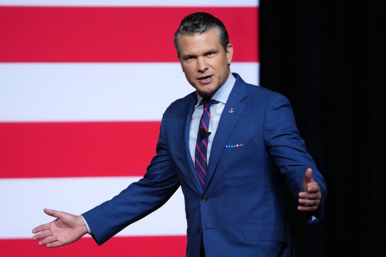 Secretary of Defense Pete Hegseth speaks to senior military leaders at Marine Corps Base Quantico, Tuesday, Sept. 30, 2025 in Quantico, Va.