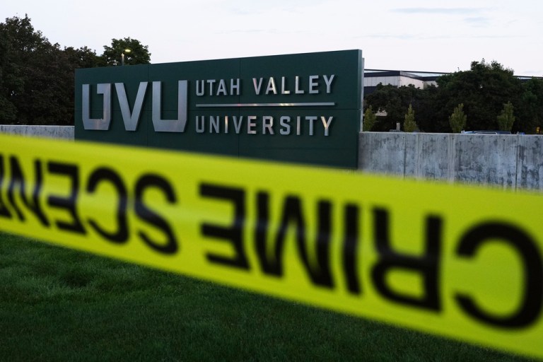 Crime scene tape surrounds Utah Valley University.