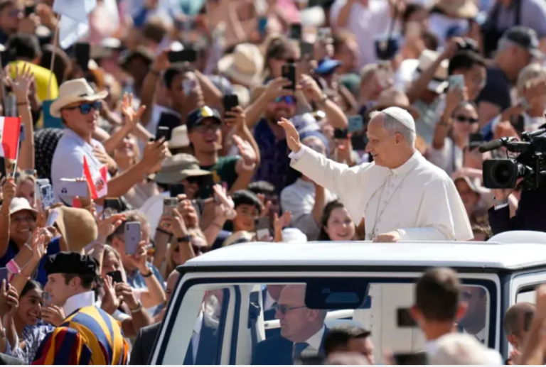 Pope Leo XIV arrives for his weekly general audience in St. Peter's Square, at the Vatican, Wednesday, Aug. 6, 2025. (AP Photo/Gregorio Borgia)