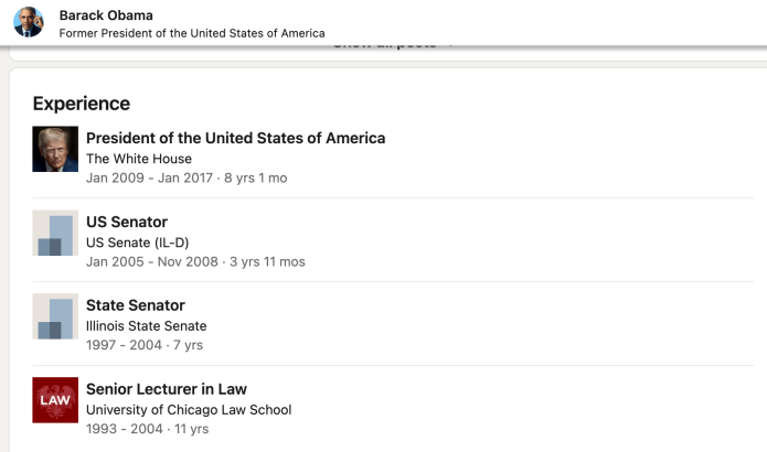 A screenshot of former President Barack Obama's LinkedIn account, now showing President Donald Trump's face next to his work experience as president.