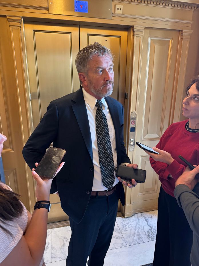 Rep. Thomas Massie (R-KY) speaks to reporters outside the House chamber on Wednesday, Sept. 3, 2025.