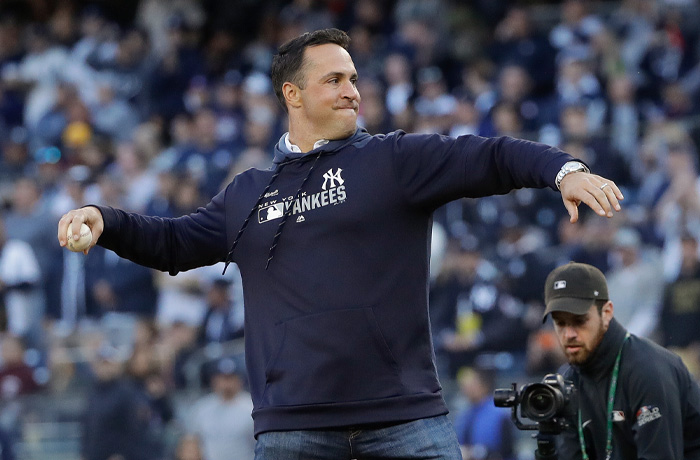 Former New York Yankees first baseman Mark Teixeira throws out the first pitch before Game 2 of an American League Division Series baseball game between the New York Yankees and the Minnesota Twins, Saturday, Oct. 5, 2019, in New York. (Frank Franklin II/AP)