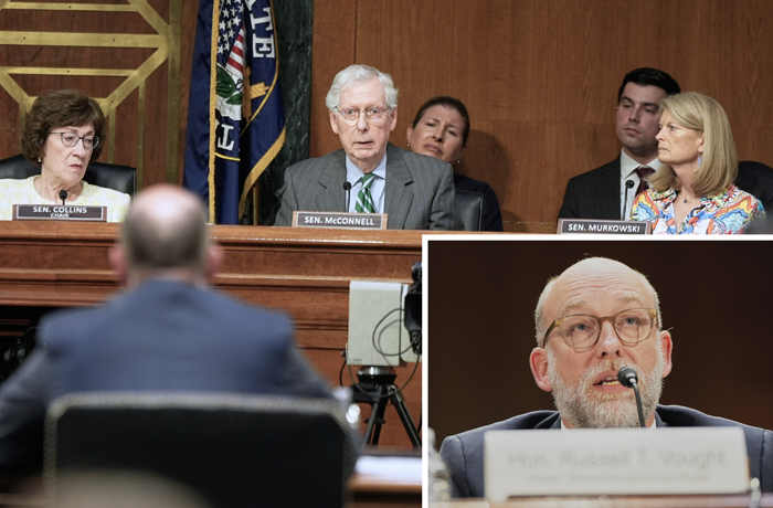 Sen. Mitch McConnell (R-KY), center, questions Office of Management and Budget director Russell Vought during a Senate Appropriations Committee hearing on the rescissions package on Capitol Hill in Washington on June 25. (Photos by Mariam Zuhaib/AP)
