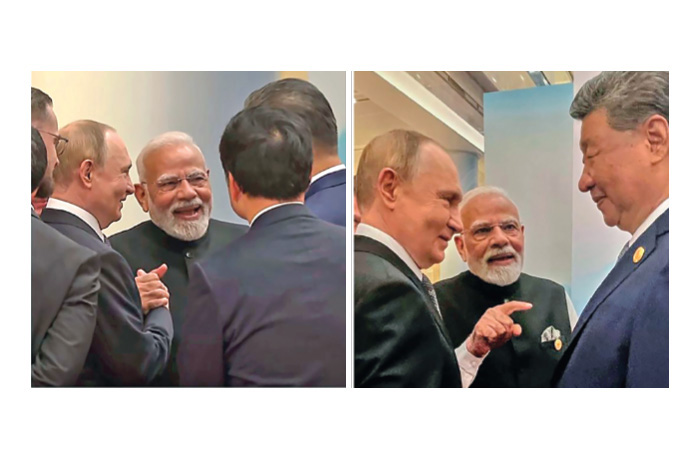 Russian President Vladimir Putin (left), Indian Prime Minister Narendra Modi (center), and Chinese President Xi Jinping attend the Shanghai Cooperation Organization (SCO) summit at the Meijiang Convention and Exhibition Center in Tianjin, China, on Sept. 1. (Indian Prime Minister’s Office/AP)