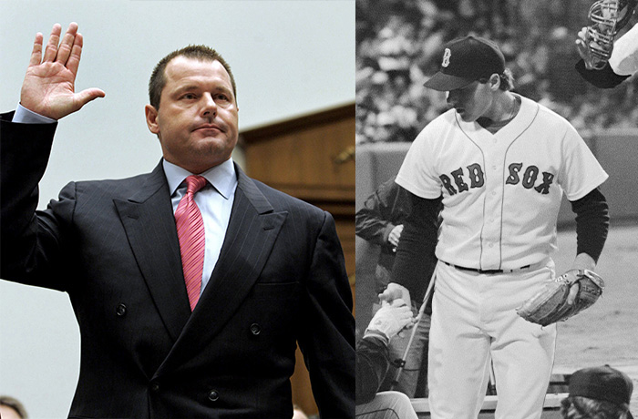 Left: Roger Clemens is sworn-in prior to testifying before a House Oversight, and Government Reform committee hearing on drug use in baseball on Feb. 13, 2008. Right: Red Sox pitcher Roger Clemens struck out 20 batters on April 29, 1986, for a Major League Baseball record. He is congratulated by teammates during the Red Sox vs. Mariners game at Fenway Park. (Susan Walsh/AP; Bettmann / Contributor via Getty Images)